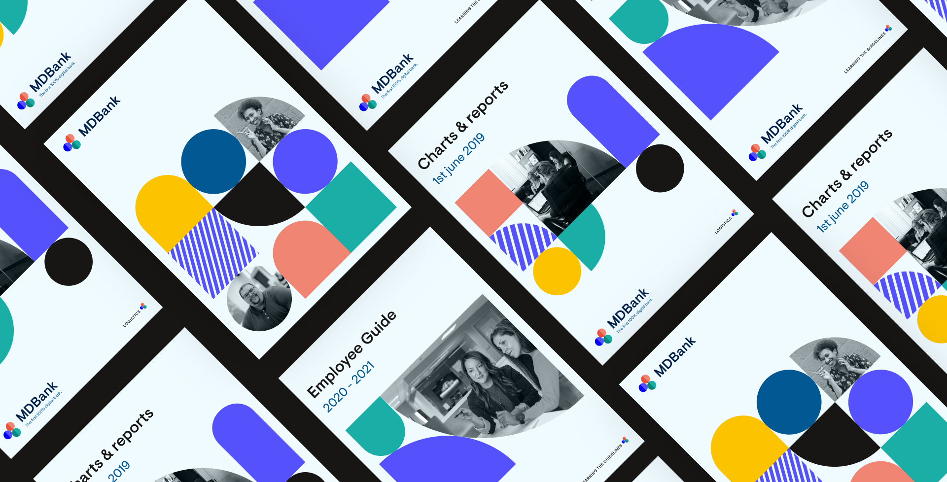 Grille répétitive de l'identité visuelle de MDBank appliquée sur différents supports prints
