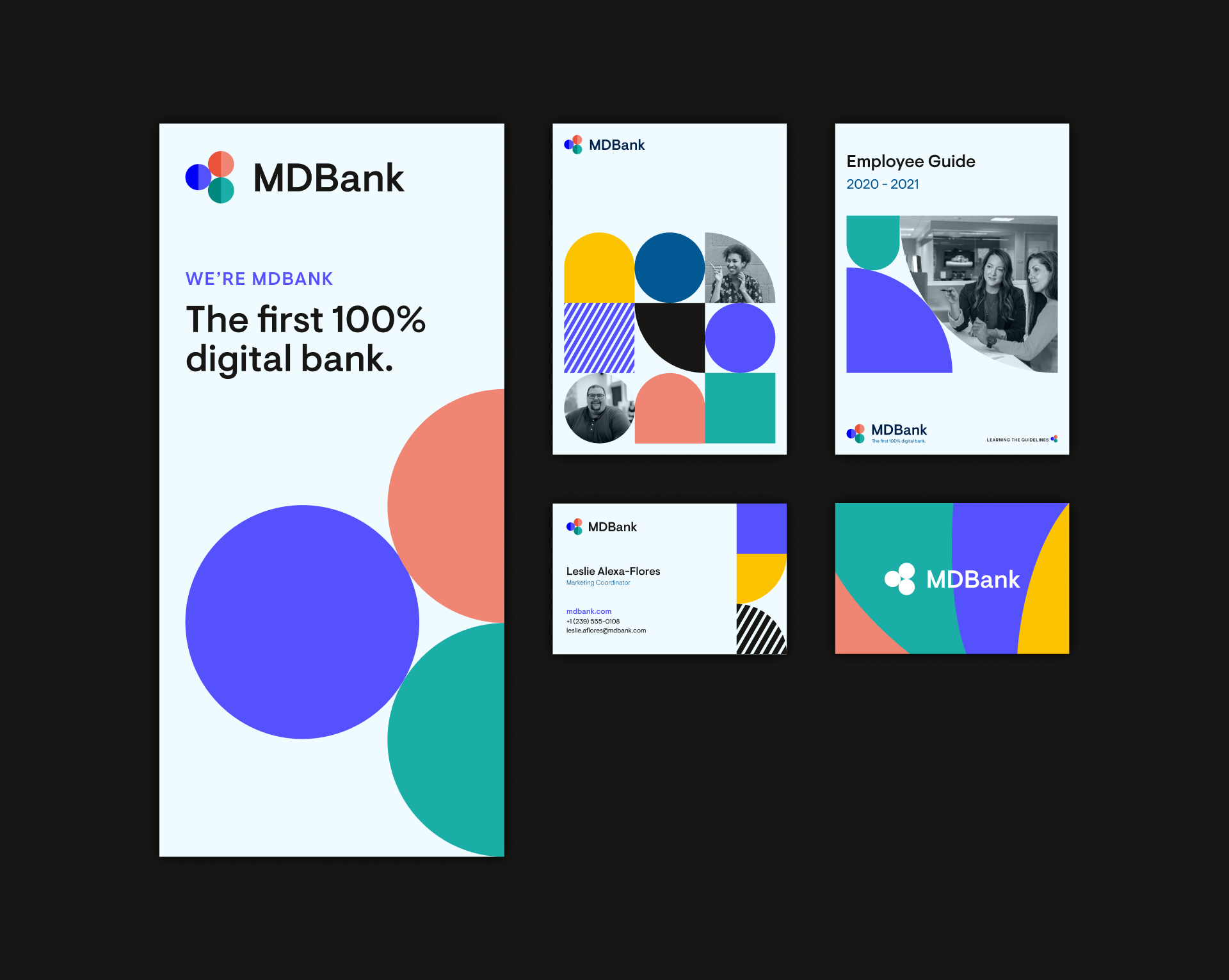 Manifeste de l'identité visuelle de MDBank appliquée sur différents supports prints