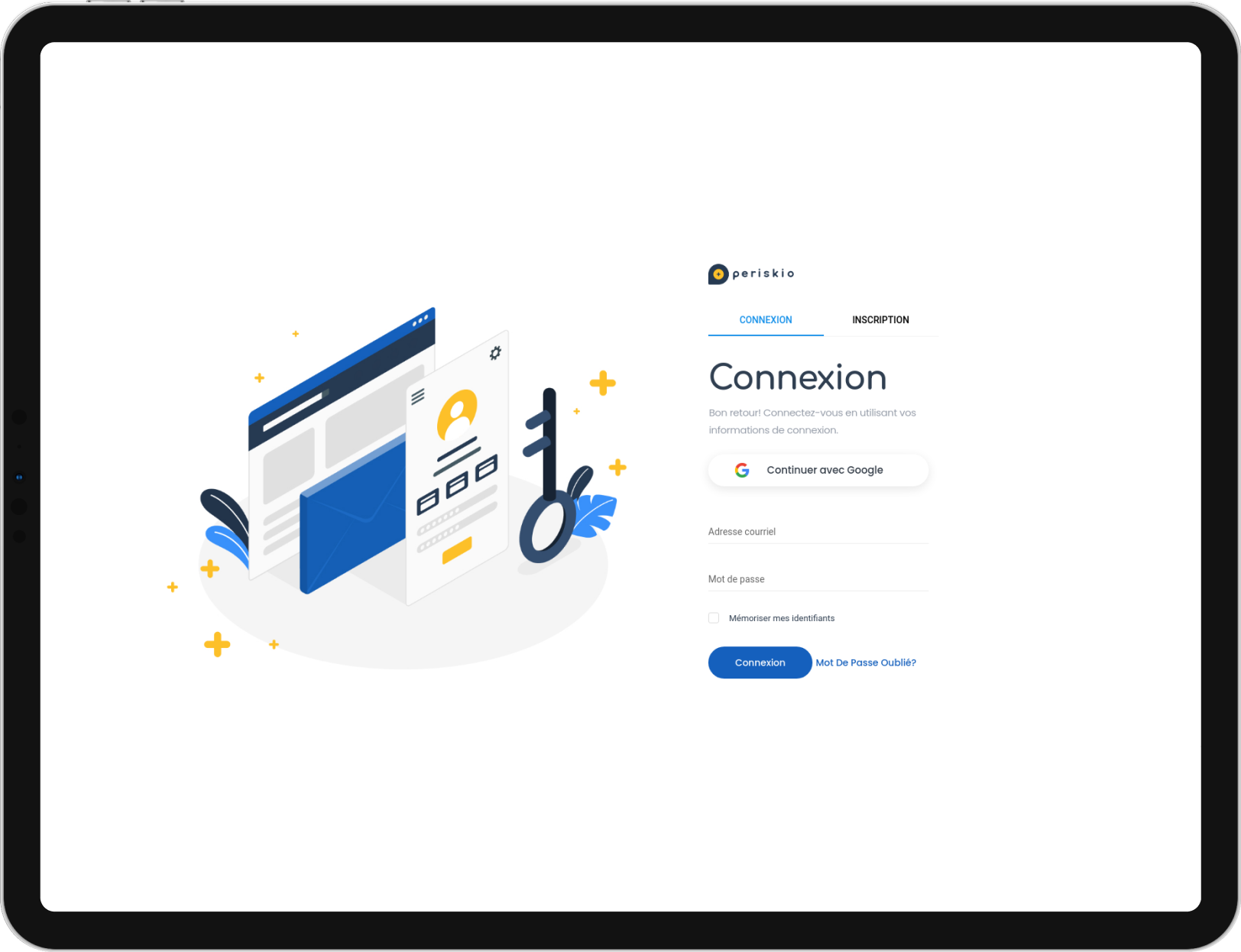 Mockup d'un iPad sur la fenêtre de connexion du site web Periskio