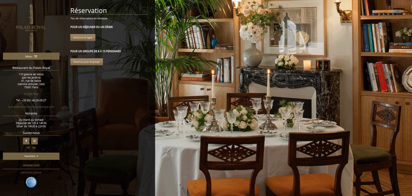 Captures d'écran du site web en octobre 2020 du Restaurant du Palais Royal