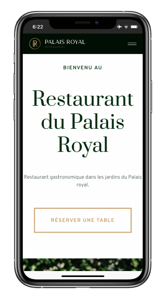 Mockup d'un iPhone sur le site web mobile du Restaurant du Palais Royal